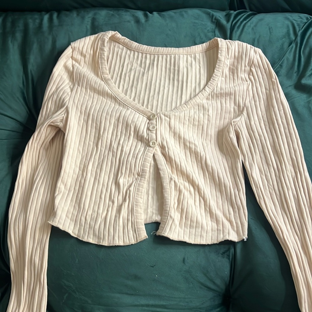 Cream Ribbed Long Sleeve Top